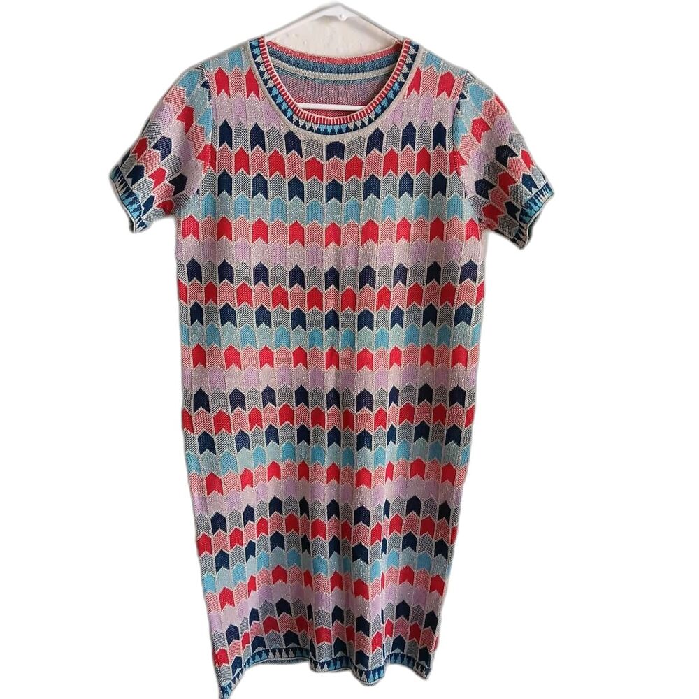 Vintage T-shirt Dress Bodycon Medium Jacquard Knit Geometric Metallic fairy